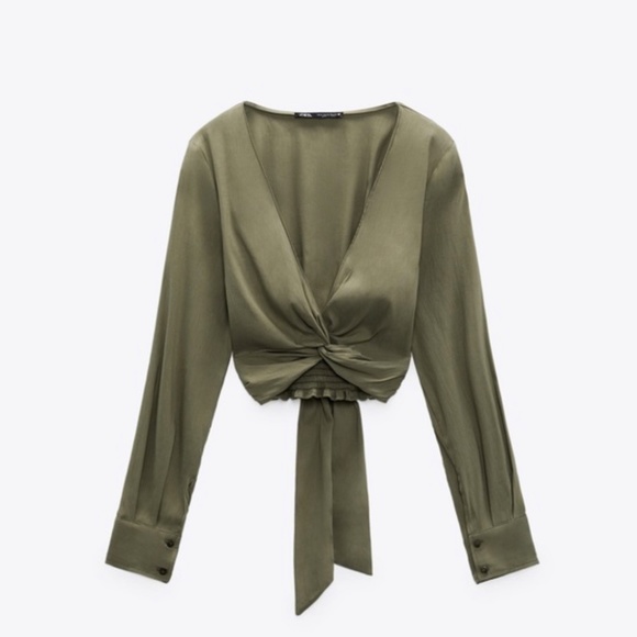 Zara Olive Green Linen Knotted Top - Picture 2 of 3